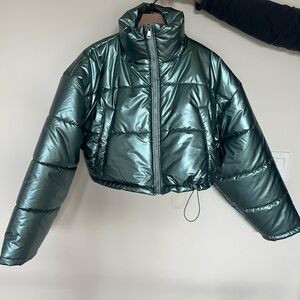 Urban Outfitters shiny cropped blue/ gray puffer, size large